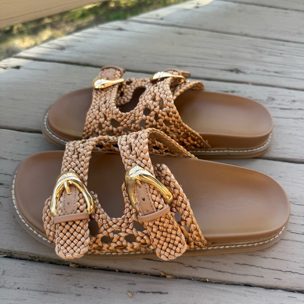 Woven Tan Slide Sandals with Gold Buckles